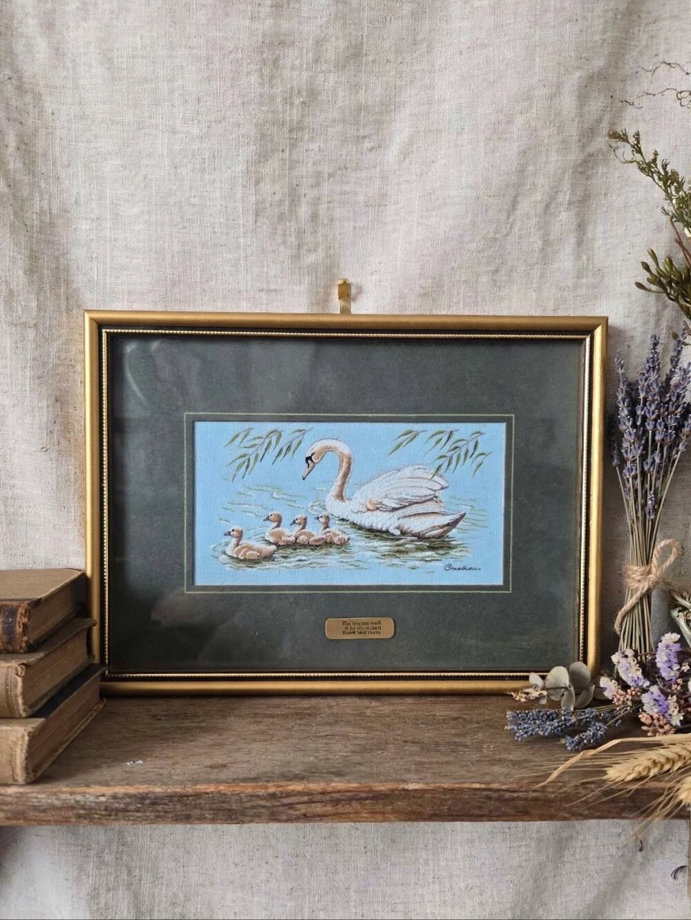 Vintage Cash’s of Coventry Woven Silk Art - Mute Swan & Cygnets Framed Picture